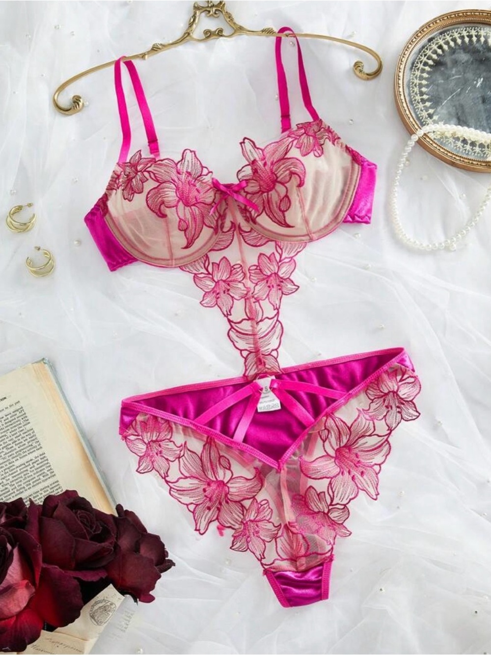 Pink Floral Embroidered Teddy Lingerie – Sheer Mesh & Satin One-Piece – New